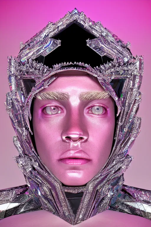 Prompt: hyper detailed ultra sharp portrait of baroque and bladerunner delicate glowing diamond sculpture of seductive muscular albino young king jose garcia, pink diamond black metallic sphinx iridescent humanoid deity wearing black cloak holding a prismatic gem, glowing pink face, crown of white diamonds, cinematic lighting, photorealistic, octane render 8 k depth of field 3 d