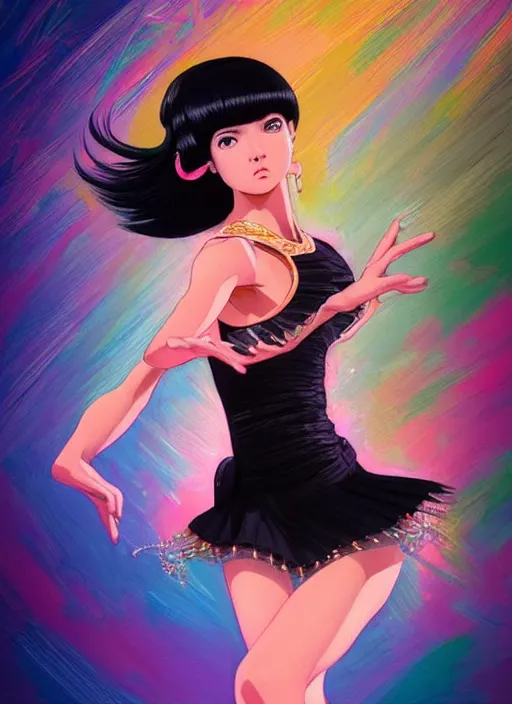 Image similar to a beautiful dancer with black hair in 1970's fashion, ballroom background, intricate, highly detailed, digital painting, artstation, official media, anime key visual, concept art, rich vivid colors, ambient lighting, sharp focus, illustration, art by Artgerm, Makoto Shinkai, Ilya Kuvshinov, Lois Van Baarle, and Rossdraws