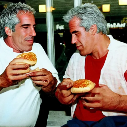 Image similar to jeffrey epstein and fat al eating a hamburger at mcdonalds