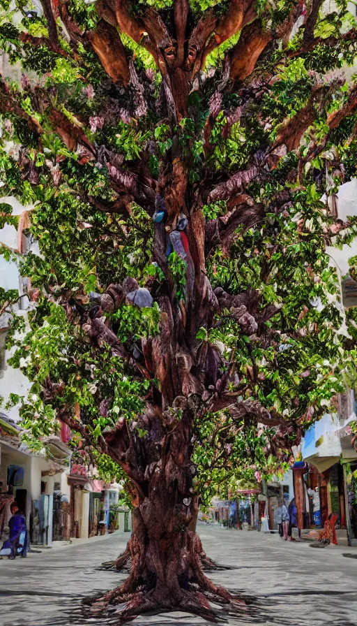 Image similar to tree of life, mexican city street, fantasy, 8k