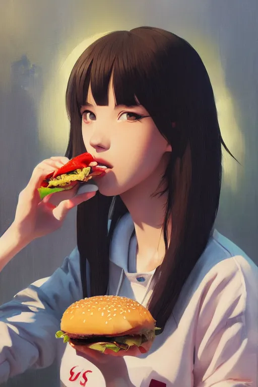 Prompt: A ultradetailed beautiful panting of a stylish girl wearing streetwear eating a burger, Oil painting, by Ilya Kuvshinov, Greg Rutkowski and Makoto Shinkai