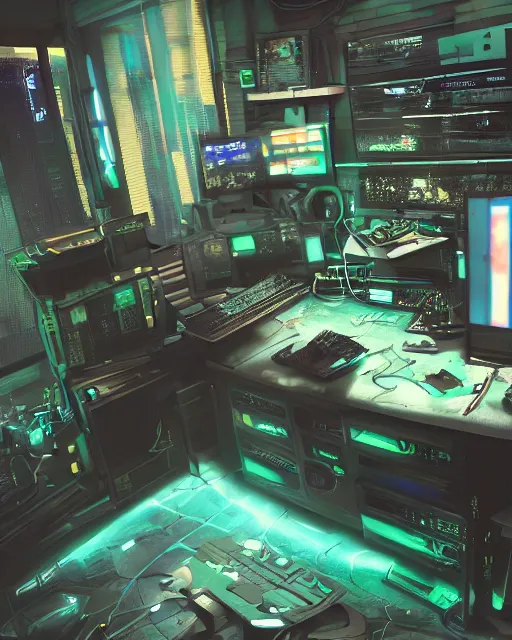 Prompt: artstation cyberpunk scifi scene of a complex computer workstation in a small studio apartment room, many monitors, many electronics, a window view, very detailed, maximalism, ambient occlusion, volumetric light, atmospheric haze, unreal engine, hyper realism, realistic shading, cinematic composition, realistic render, octane render, detailed textures, photorealistic, wide shot