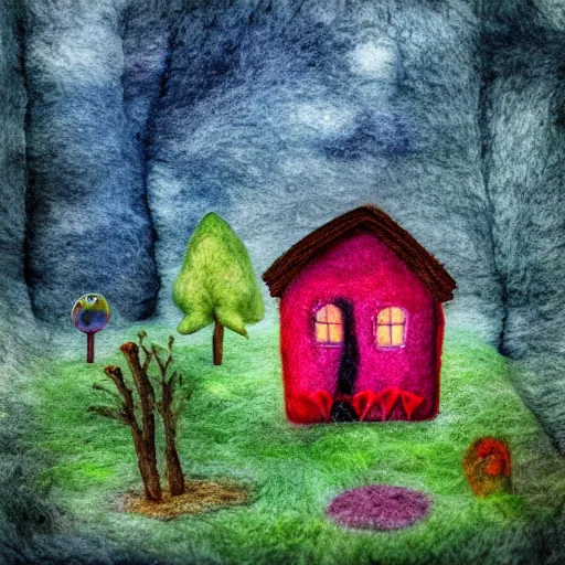 Prompt: small wooden house in the middle of enchanted forest, bright colours, watercolor, volumetric wool felting, macro photography, children illustration, by vacher christophe