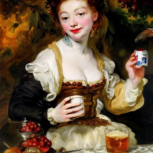 Prompt: heavenly summer sharp land sphere scallop well dressed lady drinking a starbuck latte, auslese, by peter paul rubens and eugene delacroix and karol bak, hyperrealism, digital illustration, fauvist