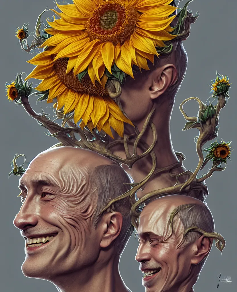 Image similar to digital art, centered full body of young any old Putin smiling king, Sunflower crown, ,intricate, veins, by James Jean and by artgerm , by ross tran ultradetailed, charachter design, concept art, trending on artstation,