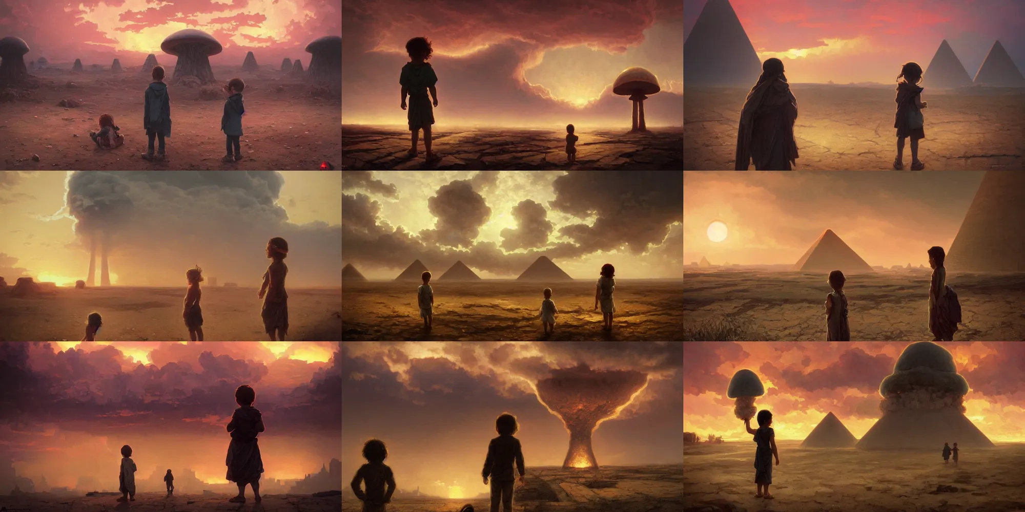 Prompt: a child looking at a nuclear mushroom cloud in ancient egyptian street, moody sunset in background, greg rutkowski, alphonse mucha, trending on artstation, artgerm, unreal engine, breathtaking, award winning, highly detailed