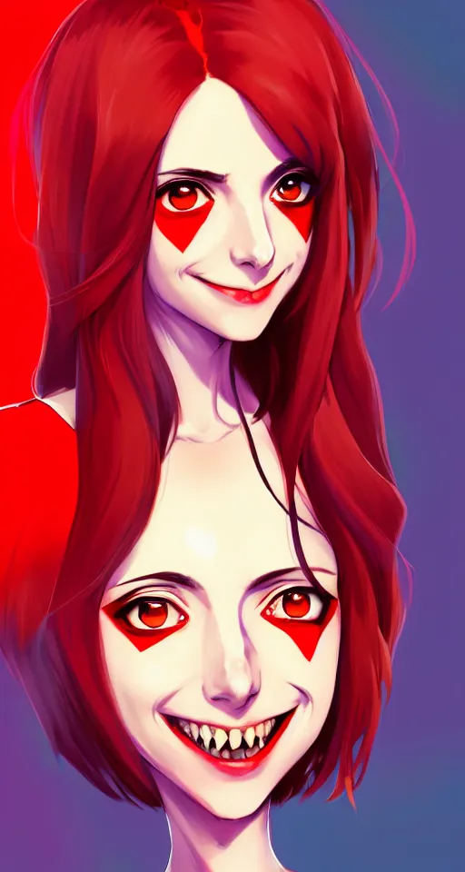 Image similar to full body beautiful anime vampire girl Alison Brie sharp teeth, red glowing hair, smiling, full body pose, symmetrical face symmetrical eyes, blurry background, Jamie McKelvie comic art, Alexandra Fomina artstation, face by Ilya Kushinov style, style by Loish, Norman Rockwell, painterly style, flat illustration