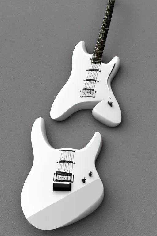 Prompt: a realistic design render of an electric guitar designed by joni ive of apple. gloss white.