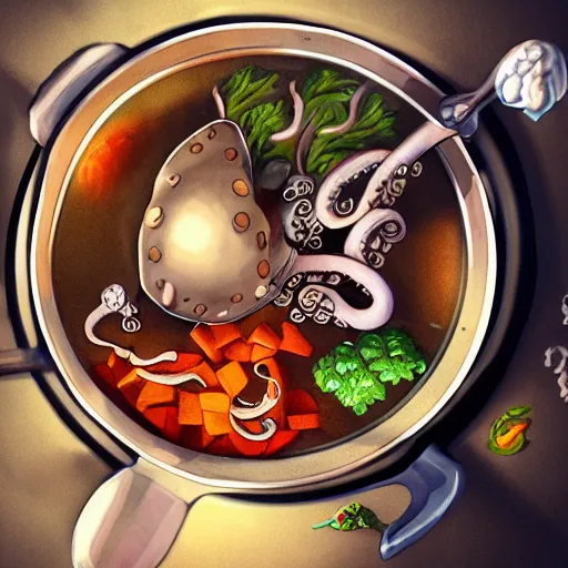 Image similar to an octopus cooking soup, stirring a pot with a ladle and cutting vegetables, fantasy illustration, trending on artstation, deviantart, very realistic, 4k