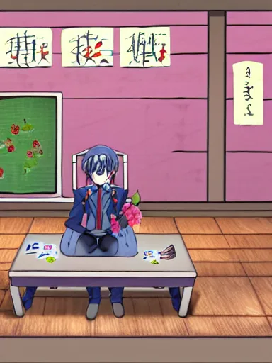 Image similar to anime screenshot of a powerful magician in his laboratory. magical artefacts in the table, bushs of flowers growing in the roof and floor