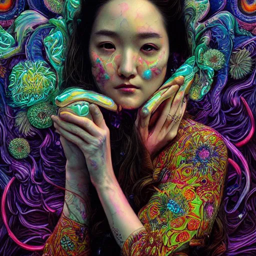 Image similar to portrait of park min young, hyper detailed masterpiece, neon floral pattern, jean giraud, digital art painting, darkwave goth aesthetic, psychedelic, artgerm, donato giancola and tom bagshaw