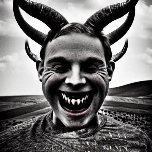 Image similar to Photo taken in the 2000's of a smiling demon with four horns and four wings, photorealistic, film still, desolate, terrifying, weird, strange, odd, uncanny, hyper realism, highly detailed, photorealism, smooth gradients, high contrast, photorealistic