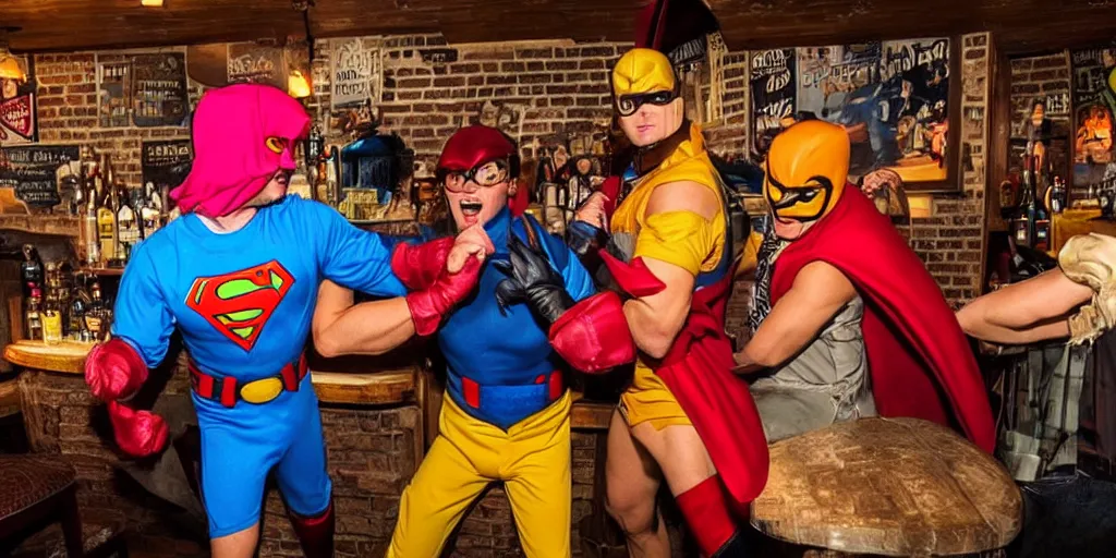 Prompt: !dream a bar fight inside a pub between costumed super heros