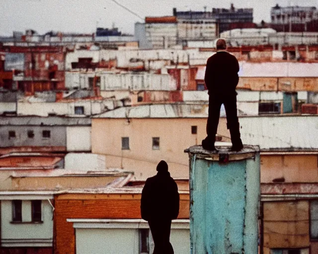 Image similar to lomo photo of man standing on the roof of soviet hrushevka, small town, cinestill, bokeh, out of focus