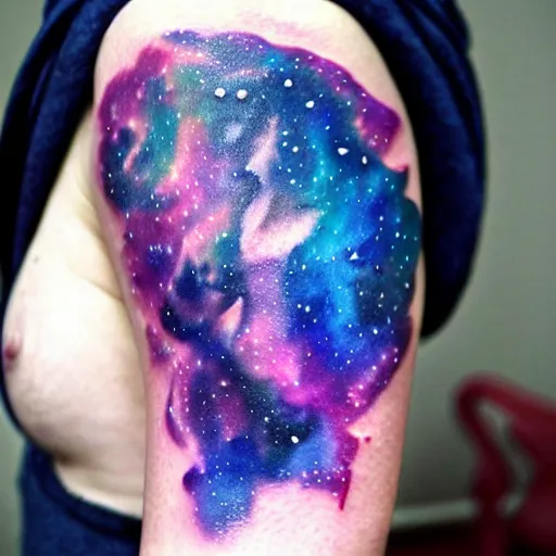Image similar to A galaxy wolf shaped nebula watercolor tattoo, highly detailed,