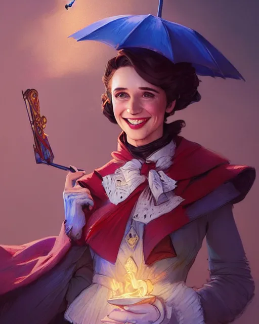 Prompt: Marry Poppins smiling and looking to the side, D&D, fantasy, intricate, elegant, highly detailed, digital painting, artstation, concept art, matte, sharp focus, illustration, hearthstone, art by Artgerm and Greg Rutkowski and Alphonse Mucha