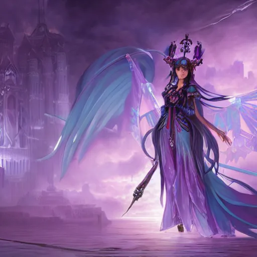 Prompt: an extremely detailed matte painting hatsune miku as a demon queen in a resplendant and beautiful purple dress as a masquerade ball, epic fantasy, viewed in profile from far away, sharp focus, detailed face, art by greg rutkowski and alphonse mucha, volumetric lighting, 4 k resolution, artstation