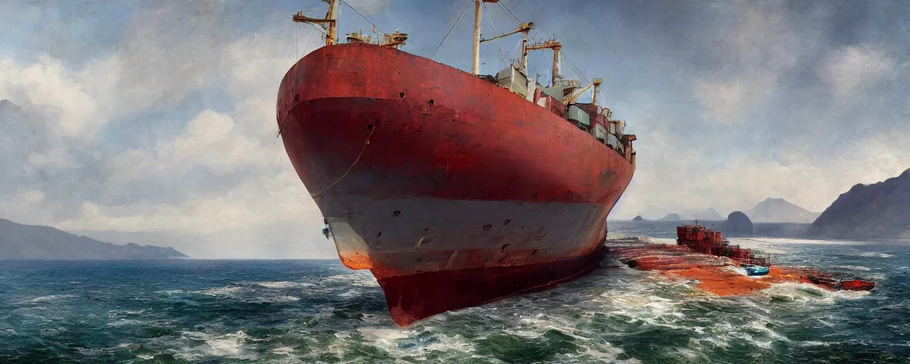 Prompt: paintifng of seasoned rusty container ship containership near mountain sea shore by repin, matte painting, detailed, amazing, 4k resolution