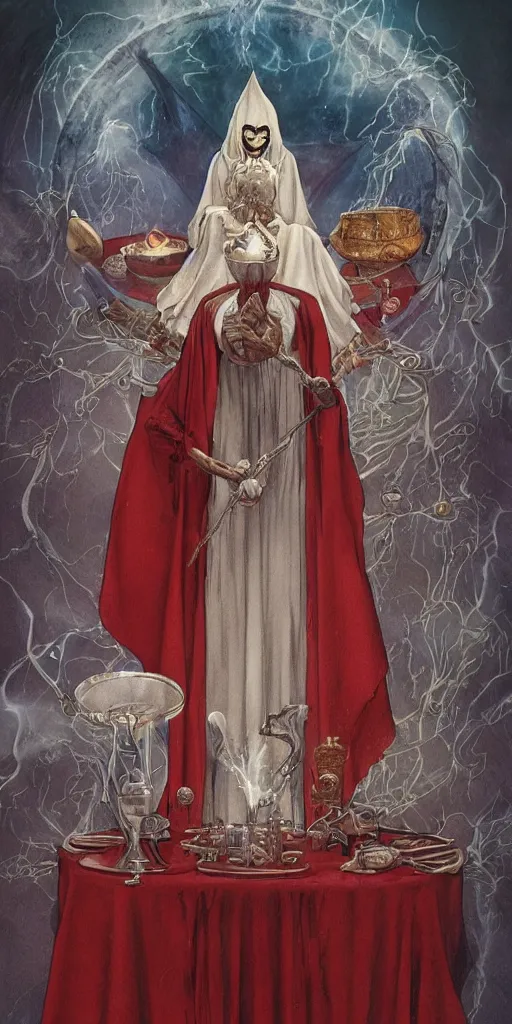 Image similar to tarot card of Magician white robe purity, red cloak, knowledge, table in front with a cup, pentacle, sword and wand – water, earth, air and fire, unlimited potential, flowers, fruition of ideas by framk frazzeta, brom, luis royo, Zdzisław Beksiński and thu berchs James Gurney unreal engine, Trending on artstation.