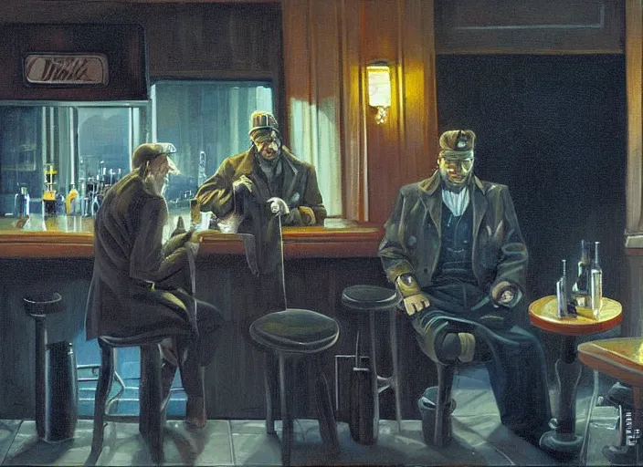 Image similar to a painting of two men sitting at bar during a blizzard by Michael Whelan, dim lighting, ominous tone.