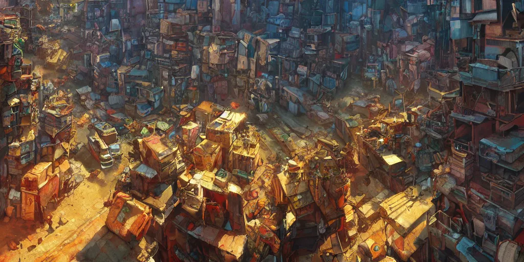 Prompt: a film still from city of lost children by ian mcque - an african favela city market, vibrant, 5 0 mm lens, video game character and environment design, behance hd, studio, dramatic lighting, cinematic, global illumination, trending on artstation, bloom