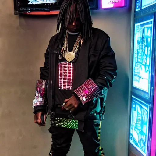 Prompt: chief keef wearing a cyberpunk outfit