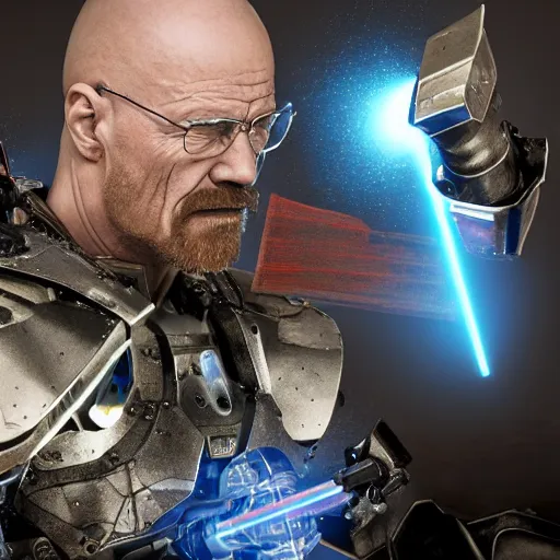 Image similar to Walter White firing lasers from his cybernetic battle armor, highly detailed, centered, concept art, 8k octane render