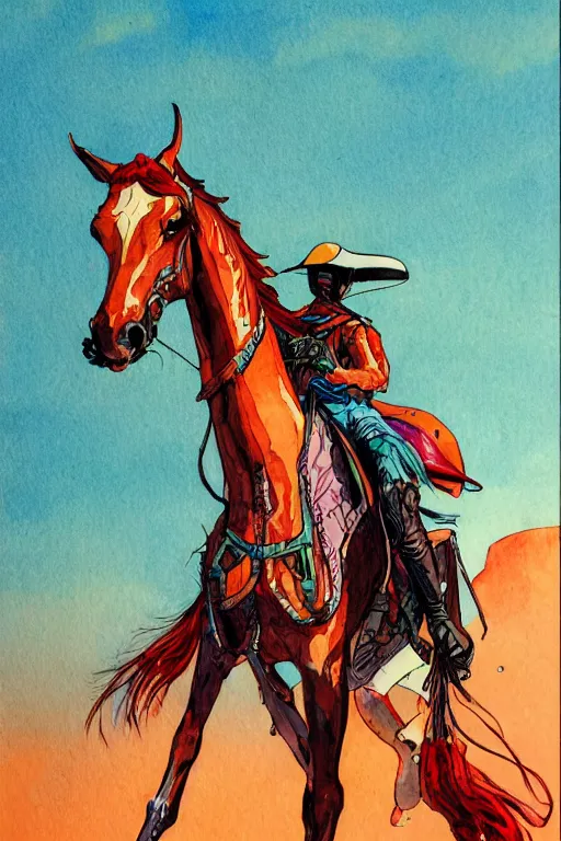 Prompt: fantasy horse rider with hood, scifi, art by moebius, in watercolor gouache detailed paintings, in style of syd mead, colorful comics style, artstation