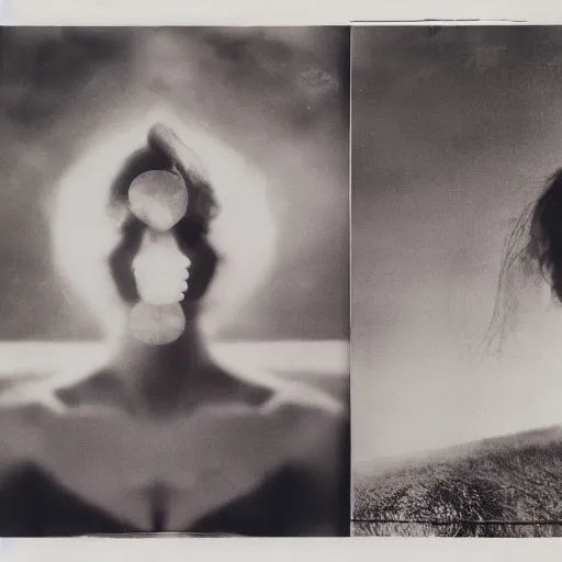 Image similar to girl head and landscape double exposure photography by man ray