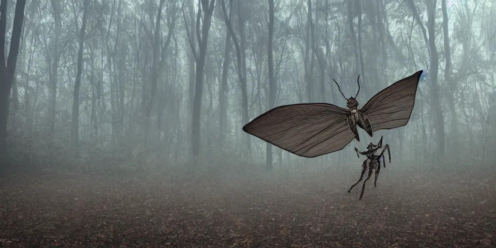 Image similar to Humanoid moth with wings for arms in a forest filled with fog off in the distance looking back at the camera, hyper detailed