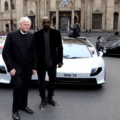 Prompt: john paul ii and kanye west dressed black and in sunglasses standing in front of a black supercar, evening, press paparazzi photograph