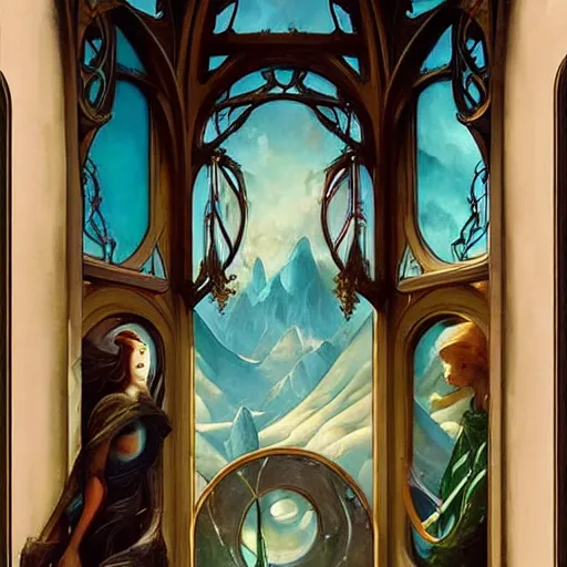 Image similar to beautiful large window with four panes, four yearseason is represented by peter mohrbacher, art nouveau, landscape, cinematic