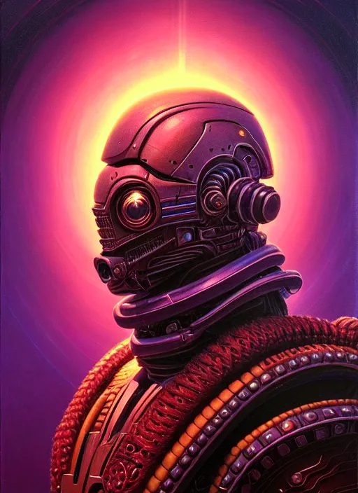 Prompt: cinematic bust portrait of psychedelic bounty hunter, head and chest only, exotic alien features, Tim Hildebrandt, Wayne Barlowe, Bruce Pennington, donato giancola, larry elmore, oil on canvas, masterpiece, trending on artstation, featured on pixiv, cinematic composition, dramatic pose, beautiful lighting, sharp, details, hyper-detailed, HD, HDR, 4K, 8K