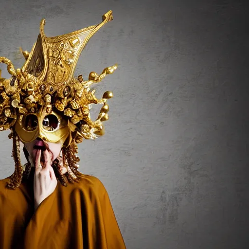 Image similar to full standing figure baroque cultist wearing large occult headpiece, skirt, venice carnival, full face gold Volto mask, mid shot, hyperrealistic