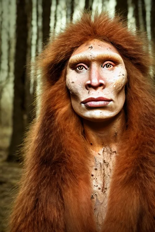 Image similar to a professional portrait photo of a neanderthal woman in the forest in winter, mud on face, ginger hair and fur, extremely high fidelity, natural lighting, still from the movie quest for fire