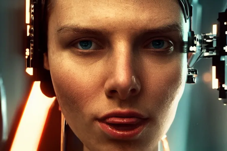 Image similar to VFX movie of a cyborg hacker closeup portrait in high tech compound, beautiful natural skin neon lighting by Emmanuel Lubezki