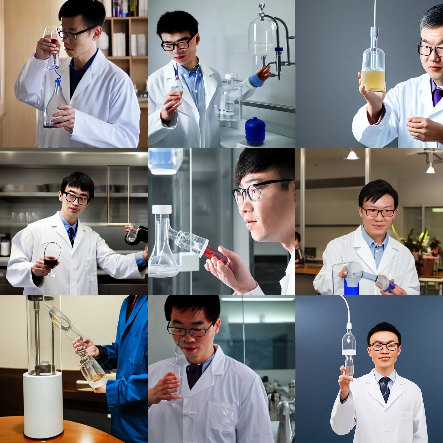 Prompt: chinese male with glasses wearing a white lab coat and holding a glass dispensing funnel