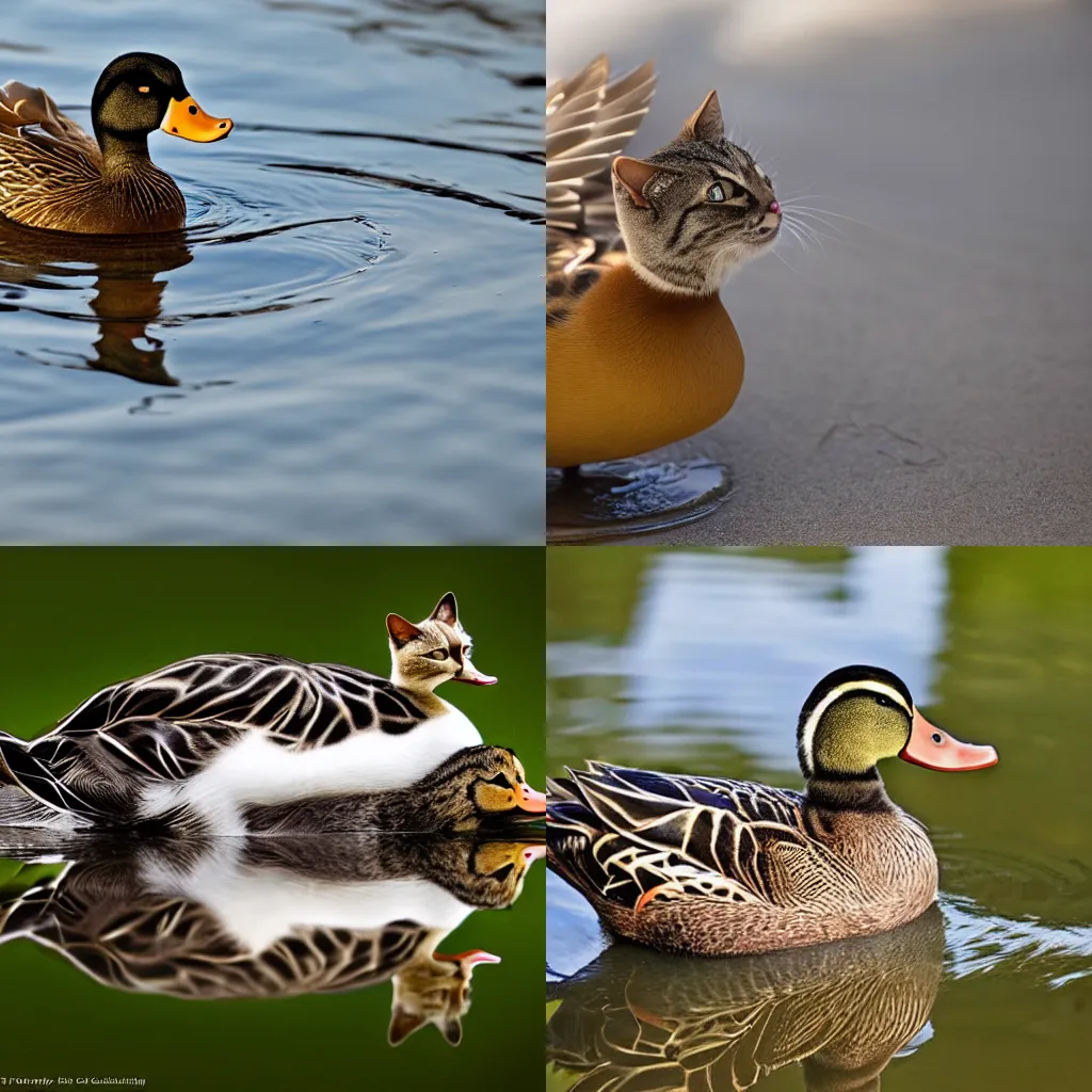 Prompt: a duck crossed with a cat, national geographic photography