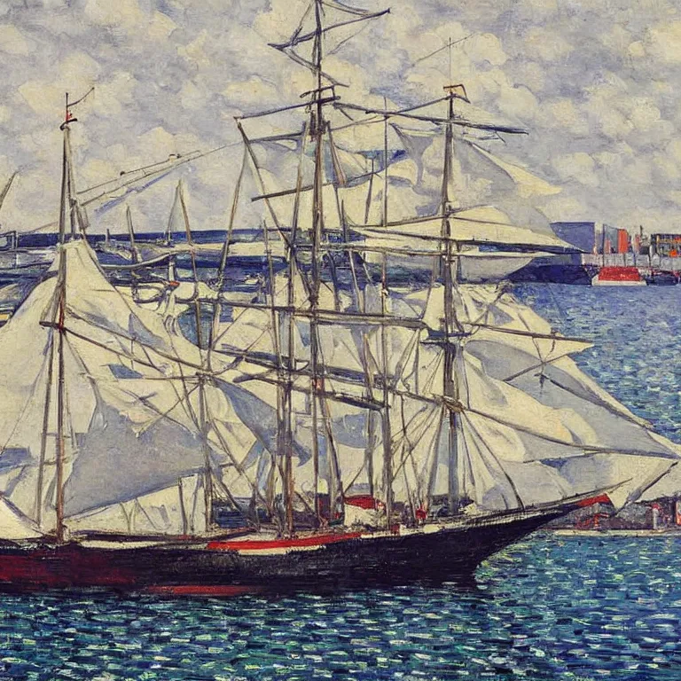 Image similar to a master gouache painting of a big ship docked at the harbor, sharp focus, very detaied, by gustave caillebottet