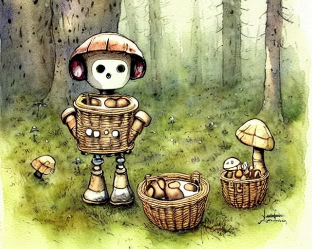 Image similar to a cute little robot walking in the forest picking mushrooms, holding a basket full of mushrooms, watercolor painting by jean - baptiste monge, muted colors