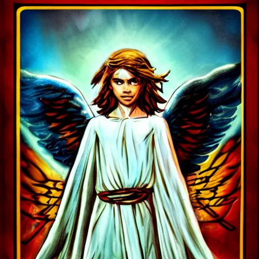 Prompt: biblically accurate angel, epic propaganda poster, holding a flaming sword, strength, health, confidence, in the style of magic the gathering cart art