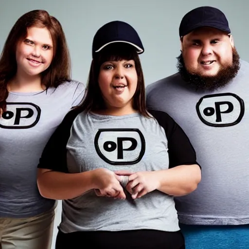 Prompt: very obese man with a t-shirt and a cap with the letter P, with his brunette wife and two daughters