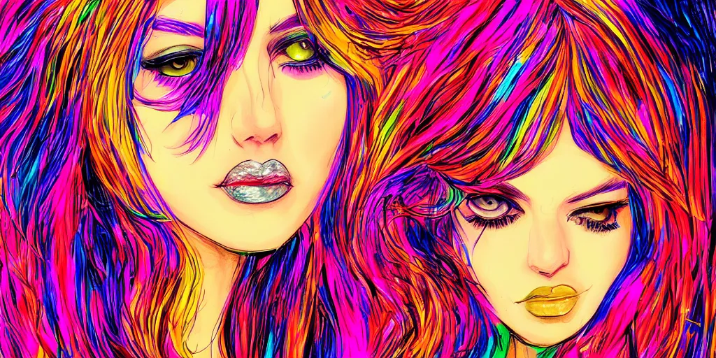 Image similar to a drawing of a girl in a colourful club really detailed in Kyliedeamore style, no nose big lips and big eyelashes digital drawing, HD, highly detailed drawing, beautiful, cinematic, 8k,facial accuracy, symmetrical