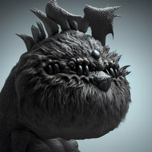 Image similar to cute chthonic fluffy monster by Giger, vray render, 50mm lens, bottom angle