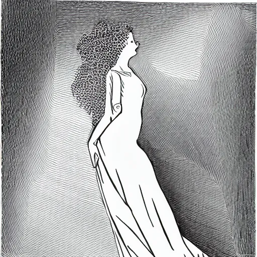 Image similar to a black and white line drawing of the silhouette of a woman with long curly hair using a dress