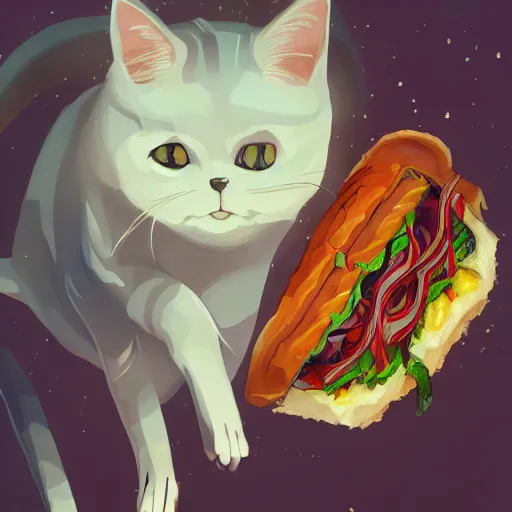 Image similar to deeply terrified cat running away from the giant carnivorous sandwich, artstation hq, dark phantasy, stylized, symmetry, modeled lighting, detailed, expressive, true unsimulated emotions, created by hayao miyazaki