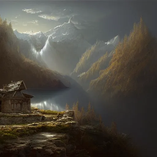 Prompt: michal karcz cartoon painting of a beautiful landscape. , detailed, elegant, intricate, 4k,