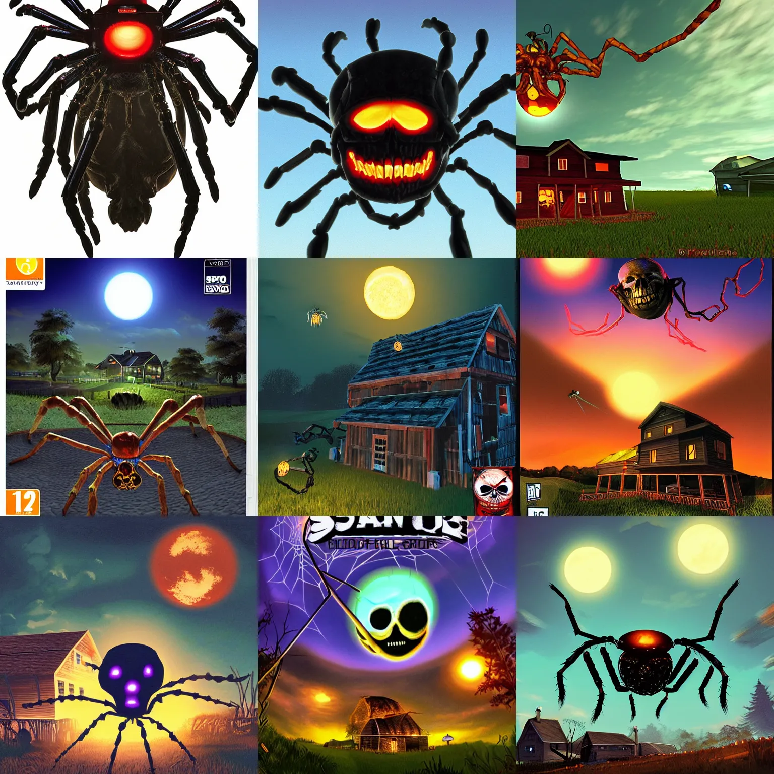 Prompt: giant skull spider with bright glowing eyes hovering over a farm house at dusk, gamecube boxart