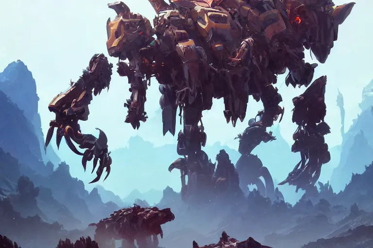 Image similar to grimhorn fanghorn machine mecha animal beast robot of horizon forbidden west horizon zero dawn bioluminiscence, behance hd by jesper ejsing, by rhads, makoto shinkai and lois van baarle, ilya kuvshinov, rossdraws global illumination