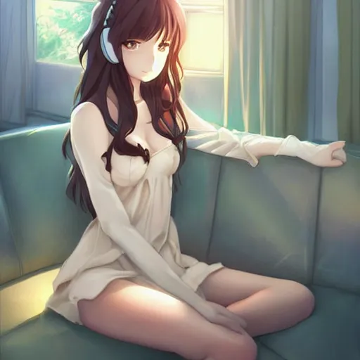 Prompt: anime beautiful girl sits on the sofa and listens to music, the sun shines through the window, clear face, beautiful body, highly detailed, 8 k, pixiv, in style of kyoto animation, art by artgerm and cushart krenz